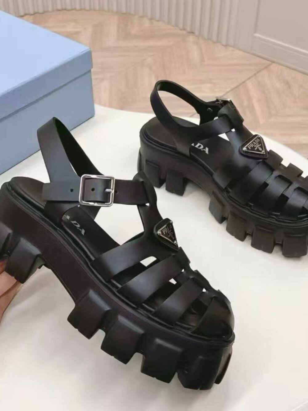 Prada Black Woven Cage Lug Platform Fisherman Sandals Triangle Logo - Picture 3 of 6